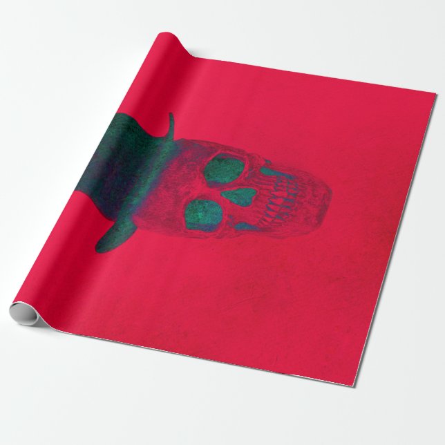 Skull mit Top Hat Red Green Halloween Geschenkpapier (Ungerollt)