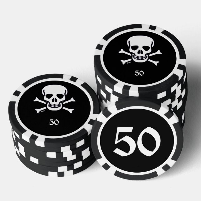 Skull n Knochen schwarz 50 gestreifter Poker Chip (Stapel)