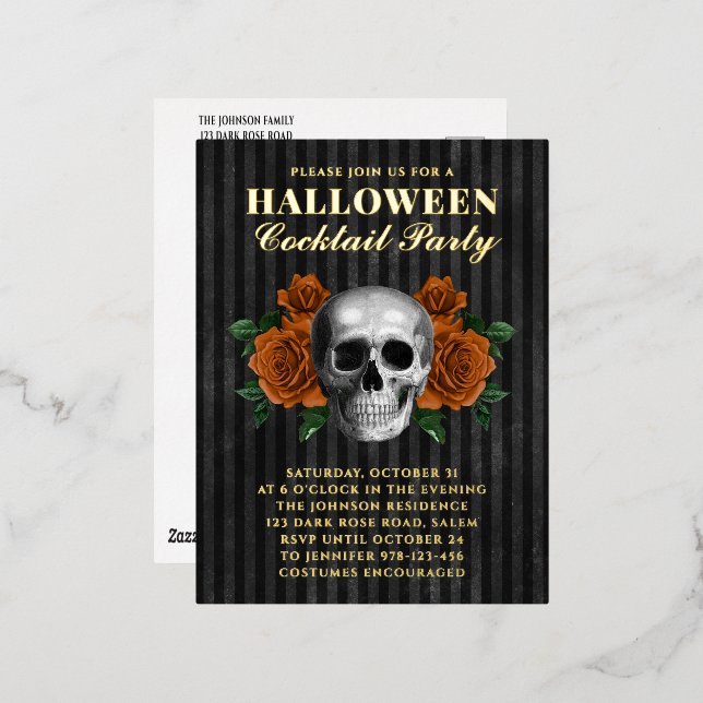 Skull Orange Rosen Halloween Cocktail Party Gold Folie Einladungspostkarte (Vorderseite/Rückseite)