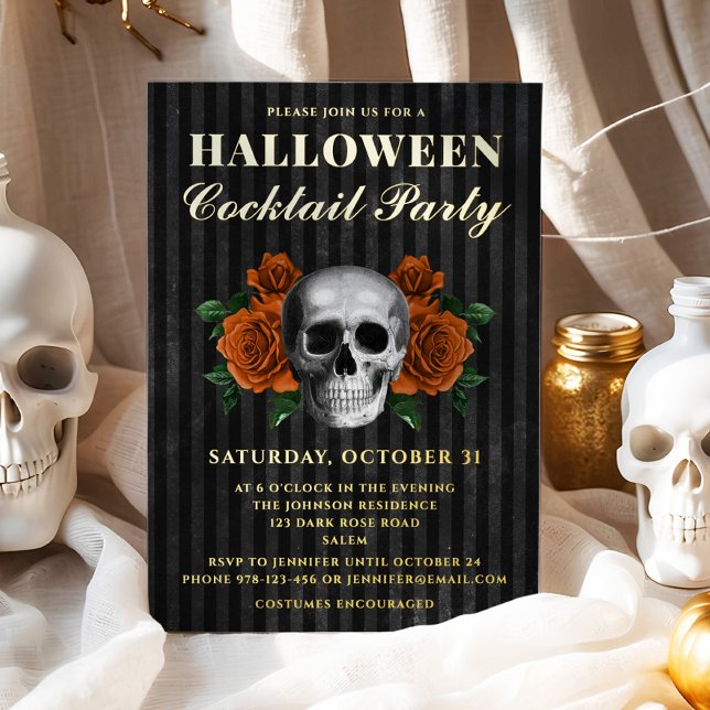 Skull Orange Rosen Halloween Cocktail Party Gold Folieneinladung (Skull Orange Roses Halloween Cocktail Party Gold Foil Invitation)
