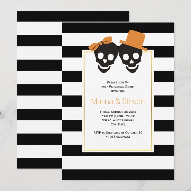 Skull-Paar Halloween Hochzeitsessen Probe Einladung (Vorne/Hinten)