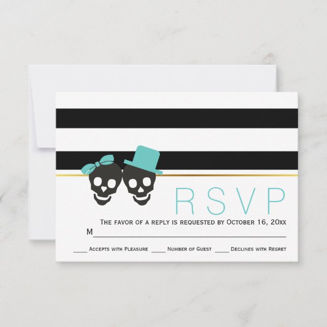 Skull Paar Streifen Aqua Halloween Hochzeit RSVP (Vorderseite)