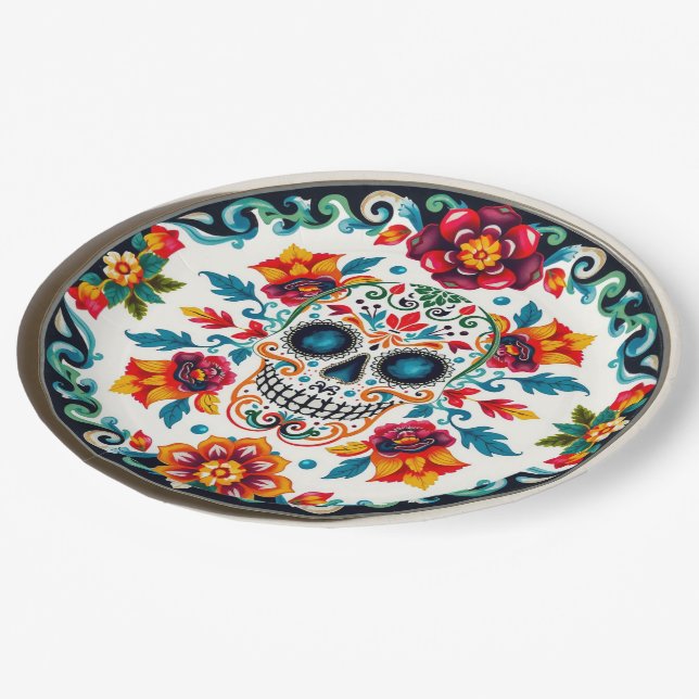 💀 🎉 Skull & Petalware Día de los Muertos Pappteller (Schrägansicht)