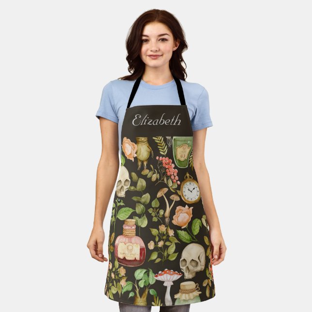 Skull Pflanze Mushroom Blume Abstrakt Halloween Schürze (Getragen)