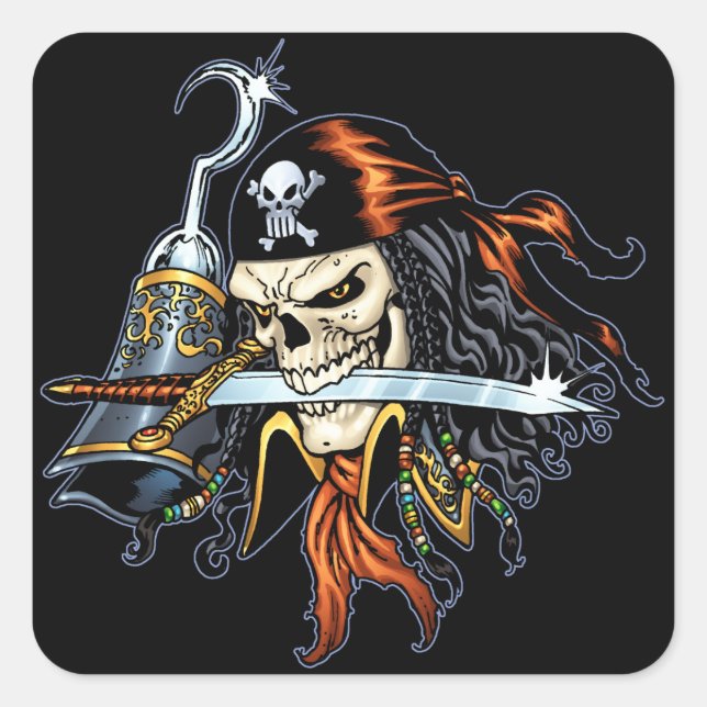Skull Pirate with Sword and Hook by Al Rio Quadratischer Aufkleber (Vorderseite)