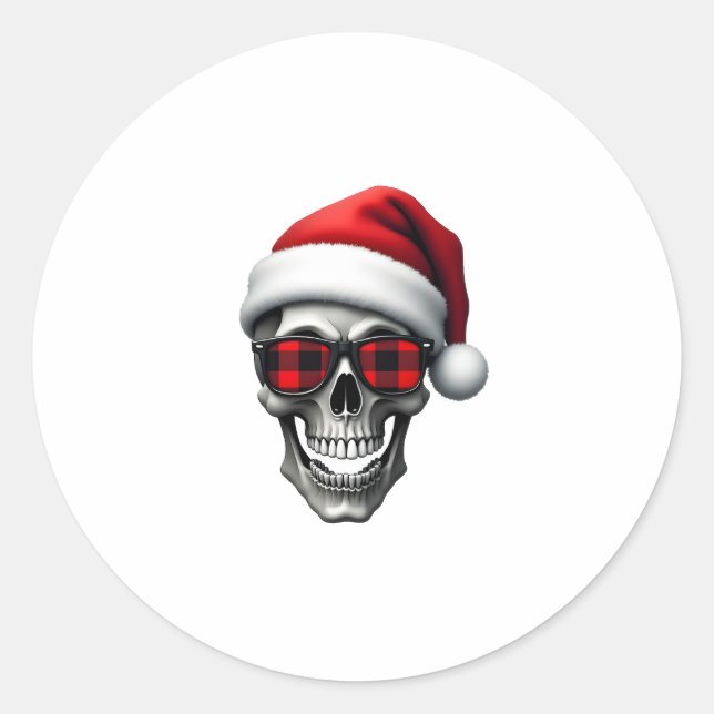 Skull Plaid Santa Hat Christmas Pajama Cool Skelet Runder Aufkleber (Vorderseite)