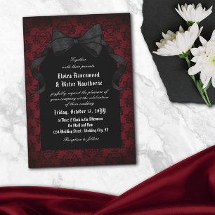 Skull Red Damask Black Bow Goth Wedding Einladung