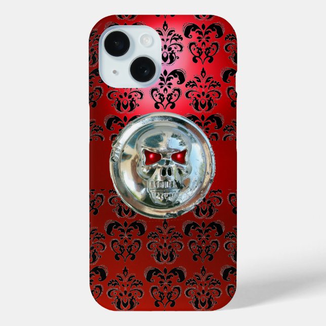 SKULL RIDERS RED BLACK DAMASK iPhone 15 HÜLLE (Rückseite)