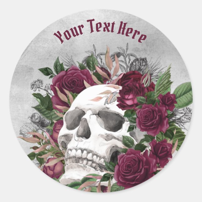 Skull Rose Burgundy Maroon Gray Personalisiert Runder Aufkleber (Vorderseite)