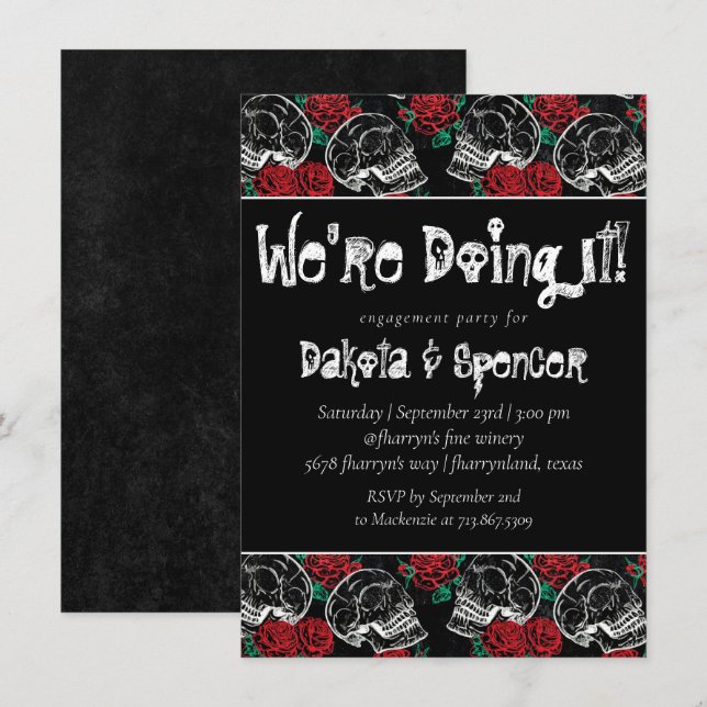 Skull Rose Chalk | Funky Schwarz-weiß Brautparty Einladung (Vorne/Hinten)
