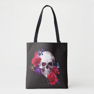 Skull & Rose: Dunkle Flora Wasserfarbe. Tasche