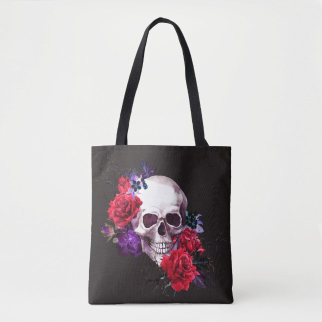 Skull & Rose: Dunkle Flora Wasserfarbe. Tasche (Vorderseite)