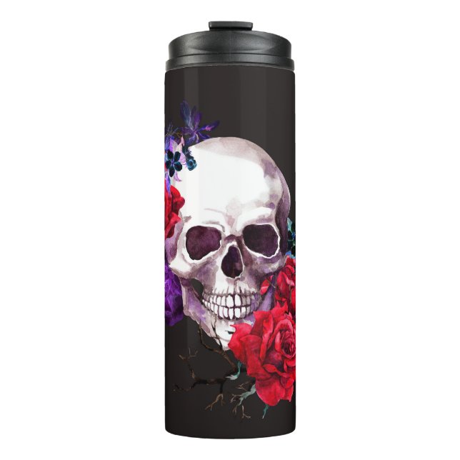 Skull & Rose: Dunkle Flora Wasserfarbe. Thermosbecher (Vorderseite)
