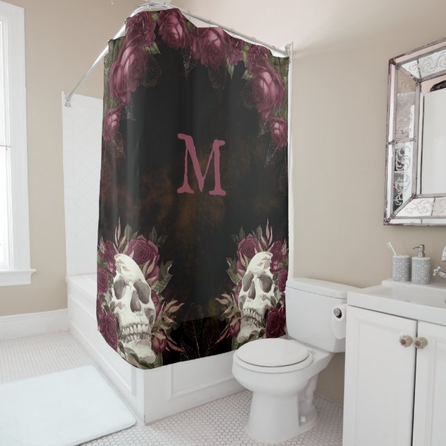 Skull-Rose Monogram Black Burgundy Dark Grunge Duschvorhang (Beispiel)