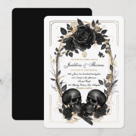 Skull-Rose Schwarz-weiße goldgotische Hochzeit Einladung