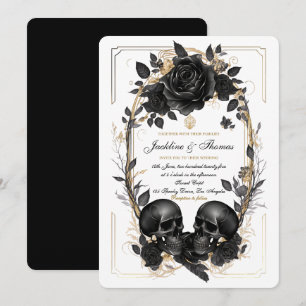 Skull-Rose Schwarz-weiße goldgotische Hochzeit Einladung