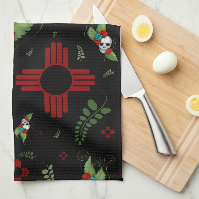 Skull Rose Zia Sun Greenerity Black New Mexico Geschirrtuch (Viertel Falte)
