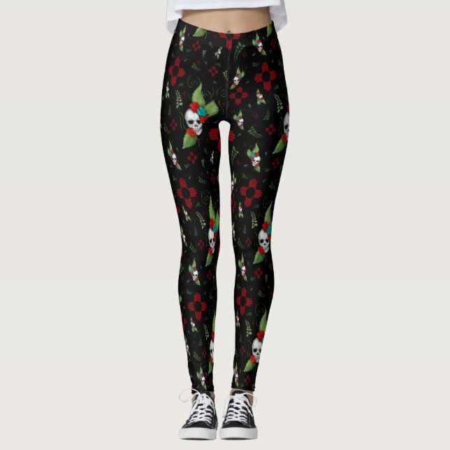 Skull Rose Zia Sun Greenerity Black New Mexico Leggings (Vorderseite)