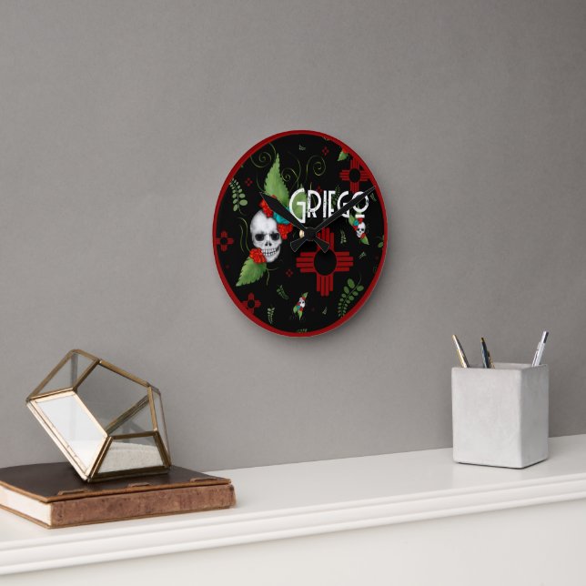 Skull Rose Zia Sun Greenerity Black New Mexico Runde Wanduhr (Büro)