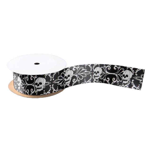 Skull Schwarz-weiß Damask Scrolls Satinband (Spule)