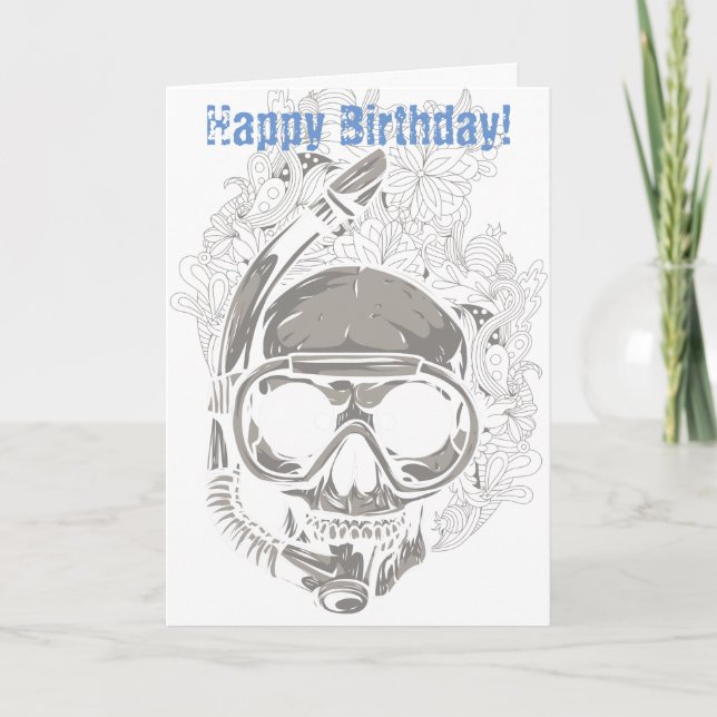 Skull Snorkeling, Scuba Diver Happy Birthday Karte (Vorderseite)