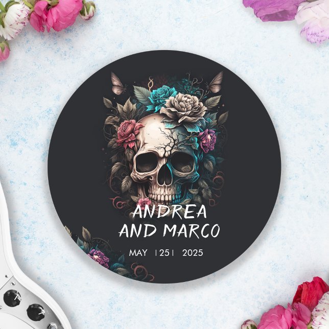 Skull Tattoo Rock and Roll Gothic Wedding Runder Aufkleber (Skull Tattoo Rock and Roll Gothic Wedding Classic Round Sticker)