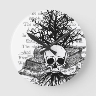 Skull und Bücher Runde Wanduhr