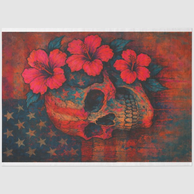 Skull und Hibiskus auf rotem Decoupage-Papier Seidenpapier (Vorderseite)