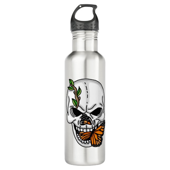 Skull und Monarch Butterfly der digitalen Kunst Edelstahlflasche (Vorderseite)