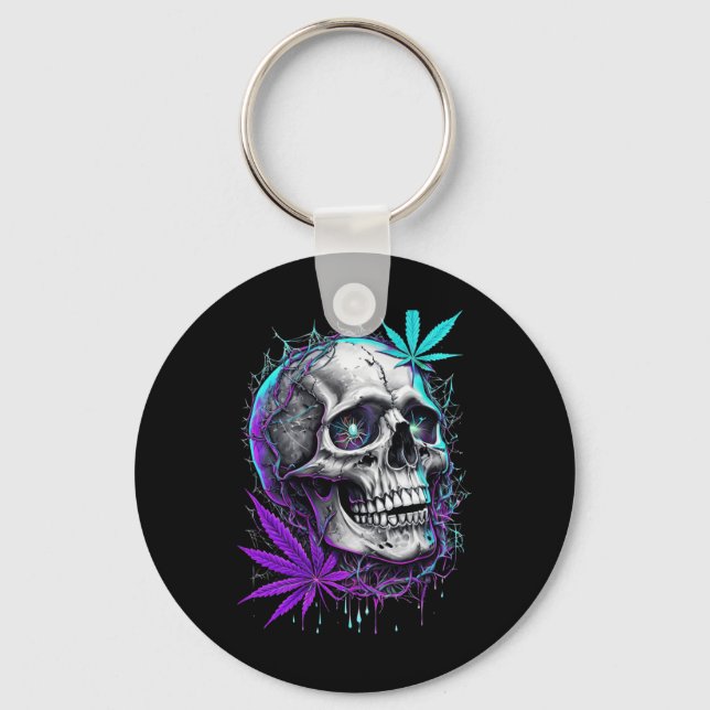 Skull und Neon Pot Leaf Aufkleber Schlüsselanhänger (Vorderseite)
