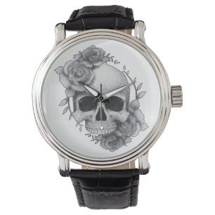 Skull und Rose Sketch Armbanduhr