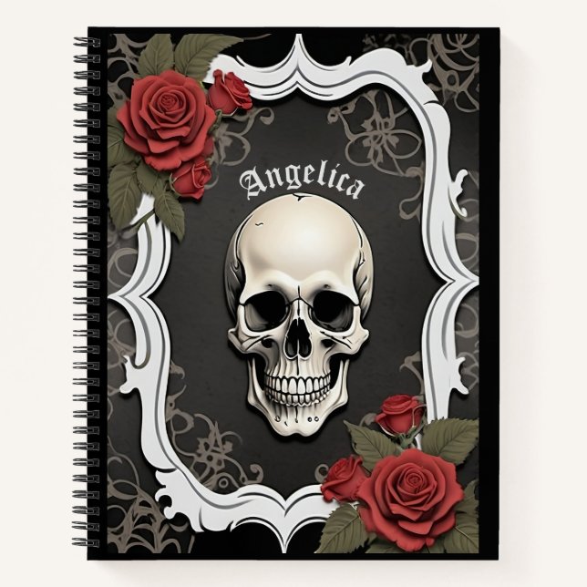 Skull with Roses and White Frame Notizbuch (Vorderseite)