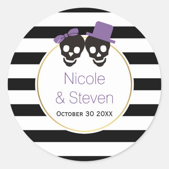 Skulle und Streifen lila Halloween-Hochzeit Runder Aufkleber (Vorderseite)