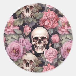 Skulls and roses runder aufkleber