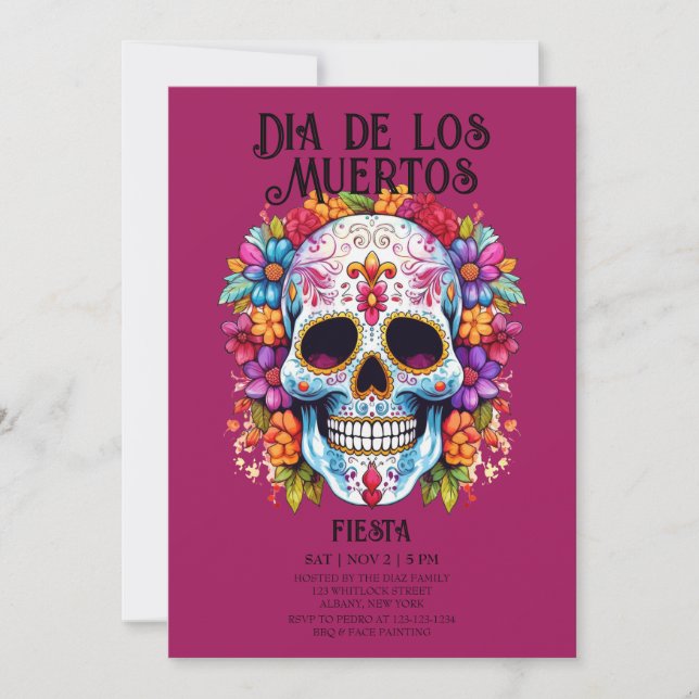 Skulls Blume Magenta Dia de los Muertos Party Einladung (Vorderseite)