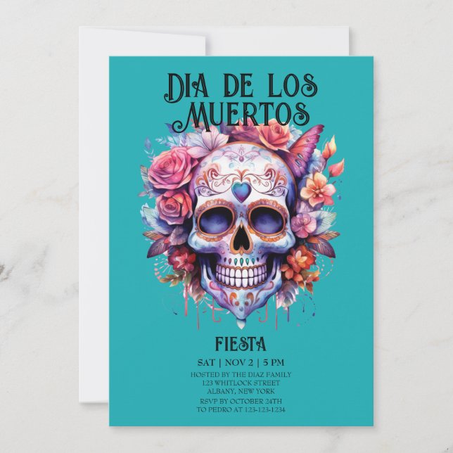 Skulls Blume Türkis Dia de los Muertos Party Einladung (Vorderseite)