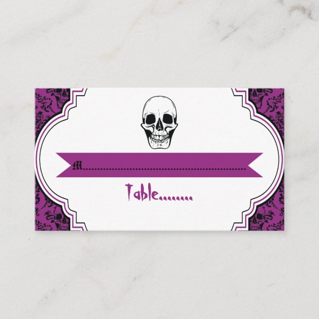 Skulls Damask lila, schwarze Hochzeitsstimmung Pla Platzkarte (Vorderseite)