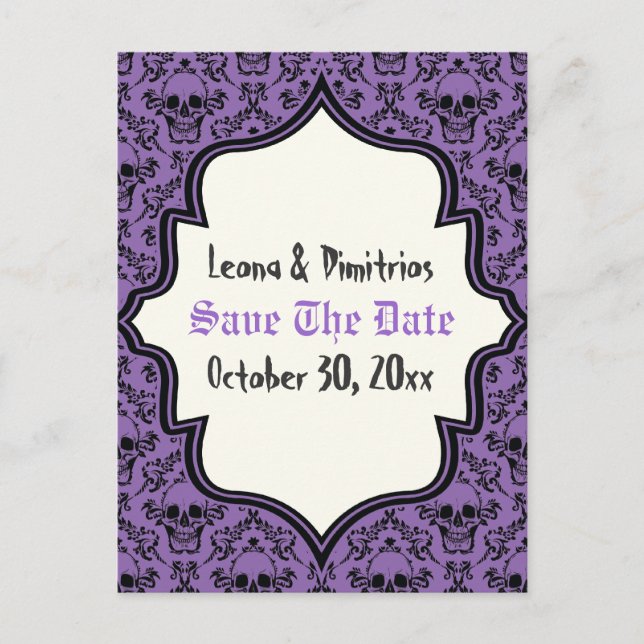 Skulls Damask lila schwarzes Halloween Save the Da Ankündigungspostkarte (Vorderseite)