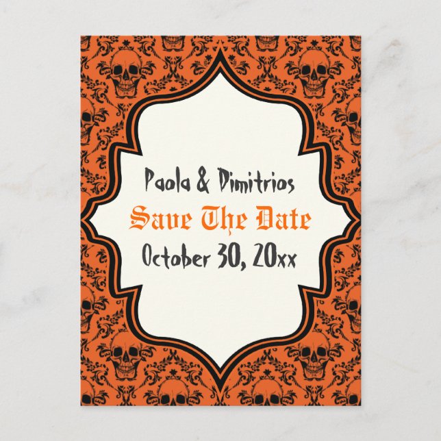 Skulls Damask Orangenschwarzes Halloween Save the  Ankündigungspostkarte (Vorderseite)