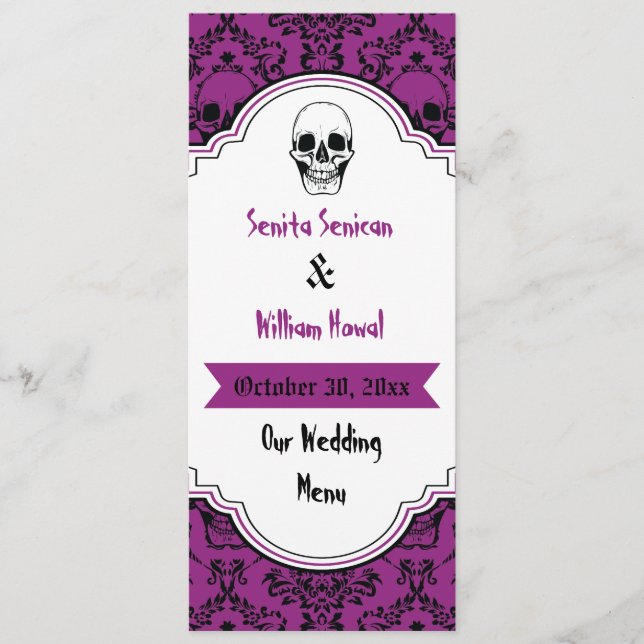 Skulls Damask Schwarz, lila Hochzeitskarte Menükarte (Vorderseite)
