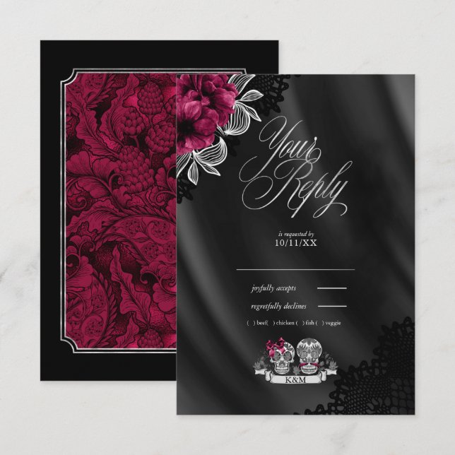Skulls Gothic Wedding Burgundy ID866 RSVP Karte (Vorne/Hinten)
