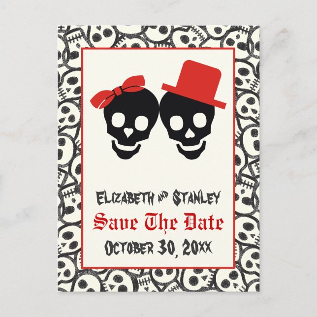 Skulls Halloween rote schwarze Hochzeit Save the D Ankündigungspostkarte (Vorderseite)