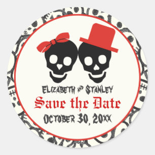 Skulls Halloween rote schwarze Hochzeit Save the D Runder Aufkleber
