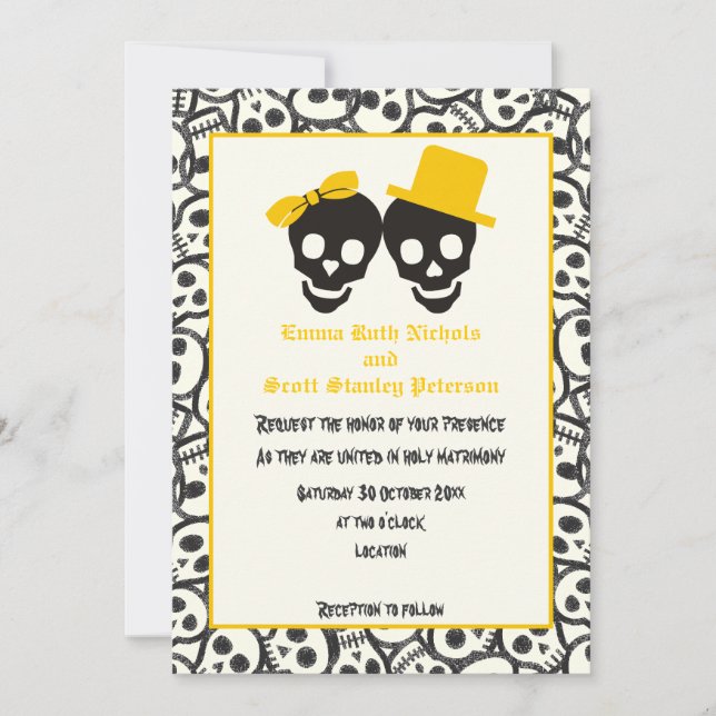 Skulls Halloween-Schwarze Hochzeit Einladung (Vorderseite)
