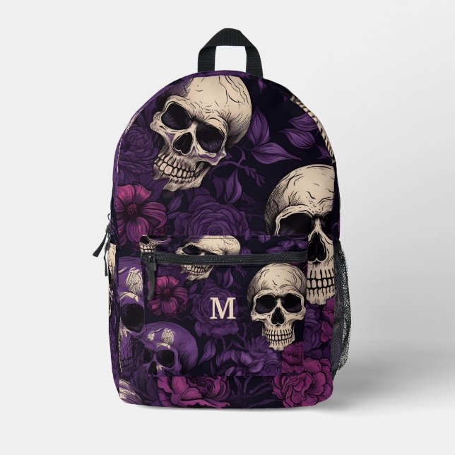 Skulls Lila Schwarze Flora Bedruckter Rucksack (Vorderseite)
