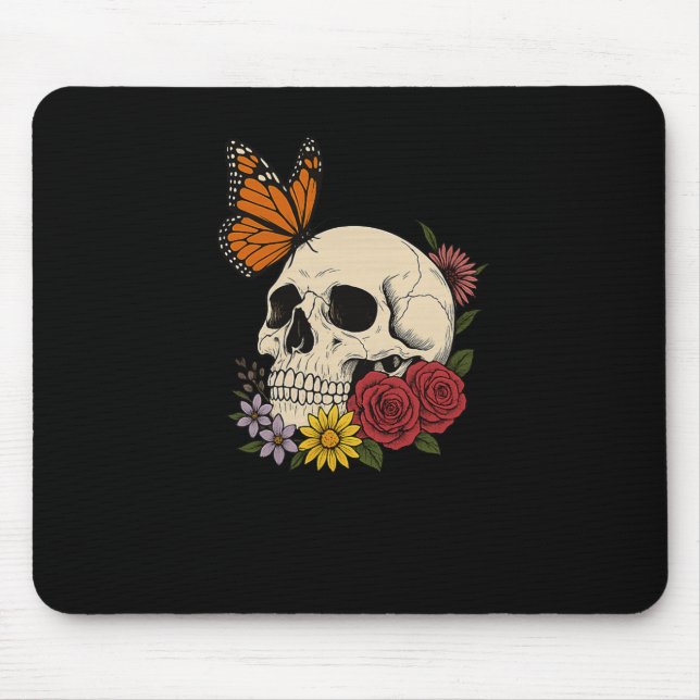 Skulls Monarch Butterfly Flowers Halloween Men Wom Mousepad (Vorne)