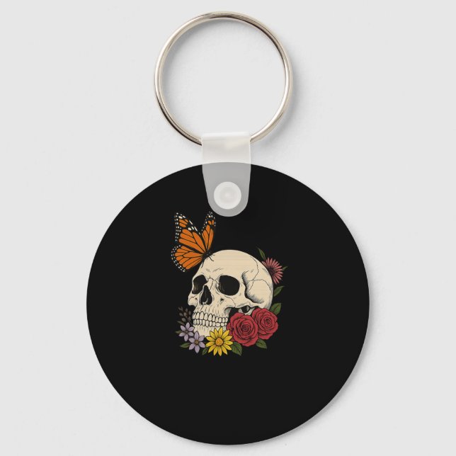 Skulls Monarch Butterfly Flowers Halloween Men Wom Schlüsselanhänger (Vorderseite)