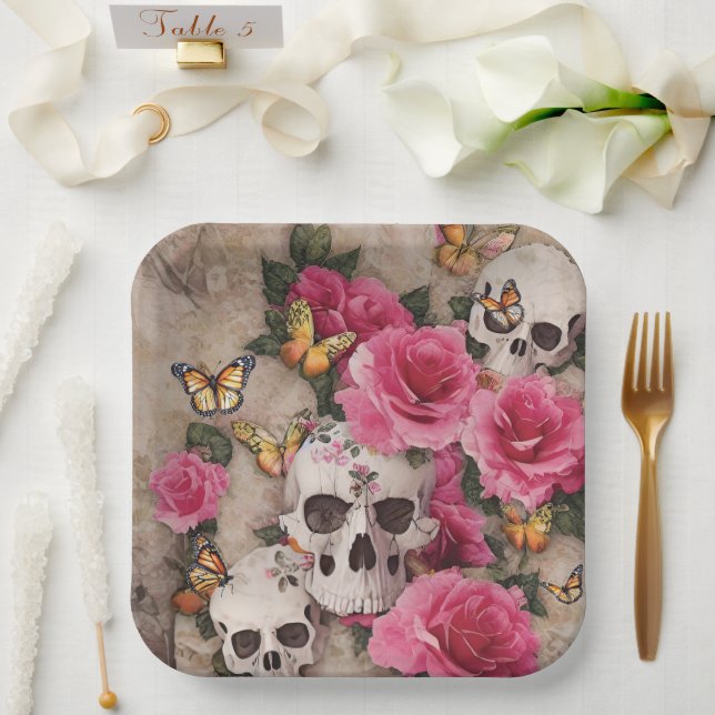 Skulls rosa Rosen und Monarchen Schmetterlinge Pappteller (Hochzeit)
