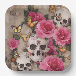Skulls rosa Rosen und Monarchen Schmetterlinge Pappteller
