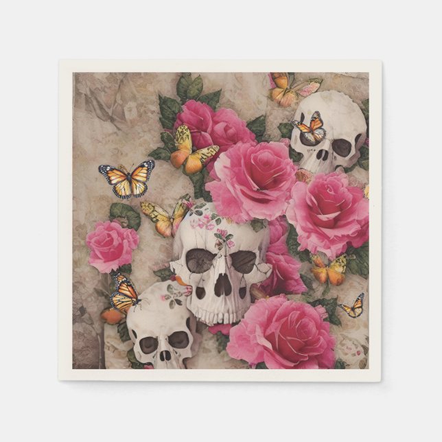Skulls rosa Rosen und Monarchen Schmetterlinge Serviette (Vorderseite)
